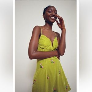 Uo Ginger Velvet Embroidered Mini Dress In Green